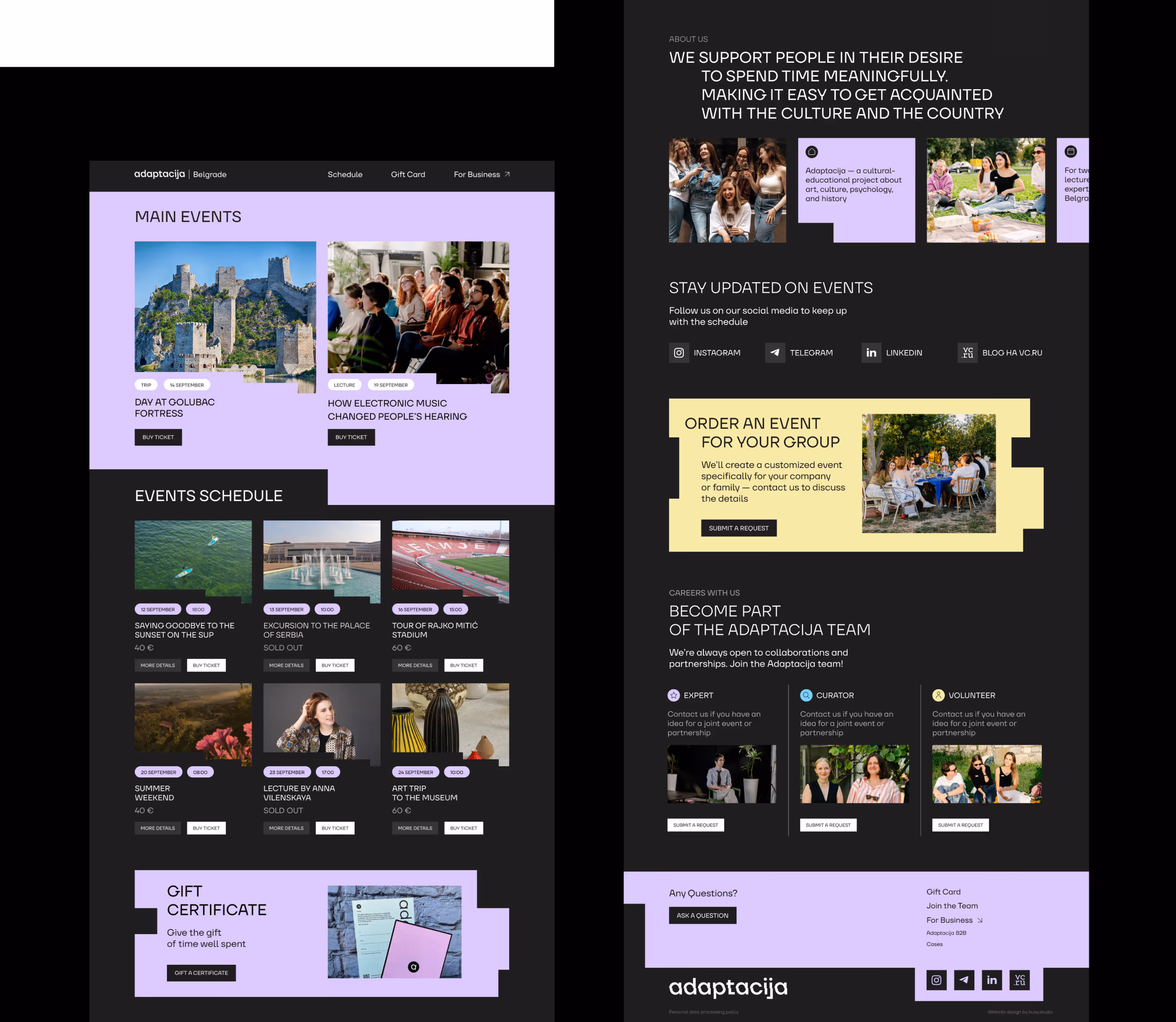 Adaptacija website pages in light and dark themes