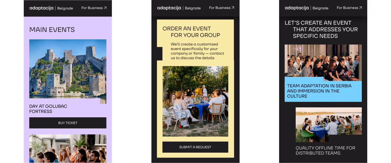 Adaptacija website on mobile — events and gift certificates