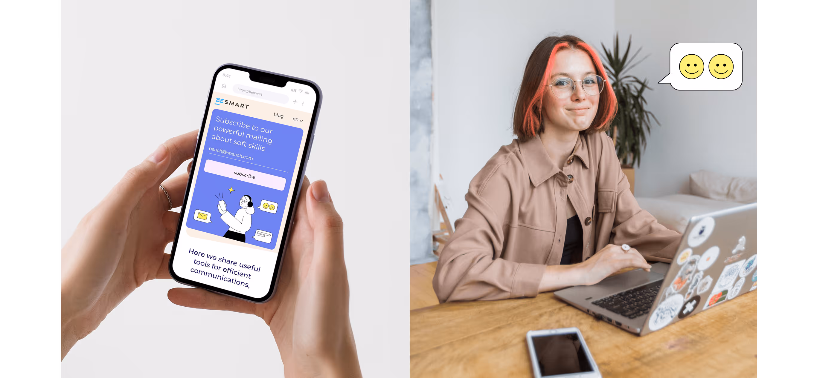 BEsmart website on a phone, and a woman working at a laptop