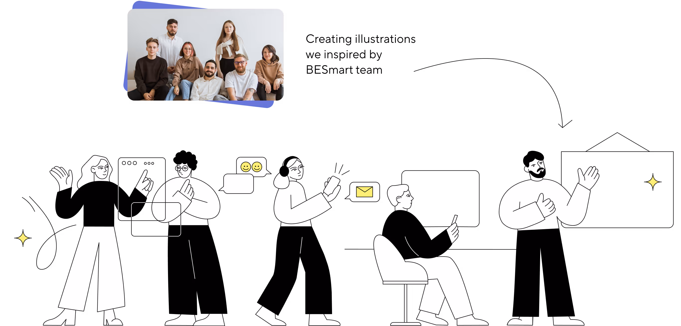 Illustration process — characters drawn from photos of the BEsmart team