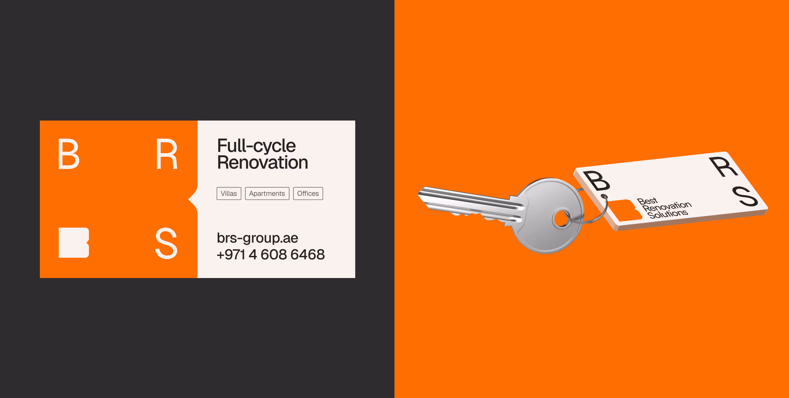 BRS business card and branded keyring in orange and black