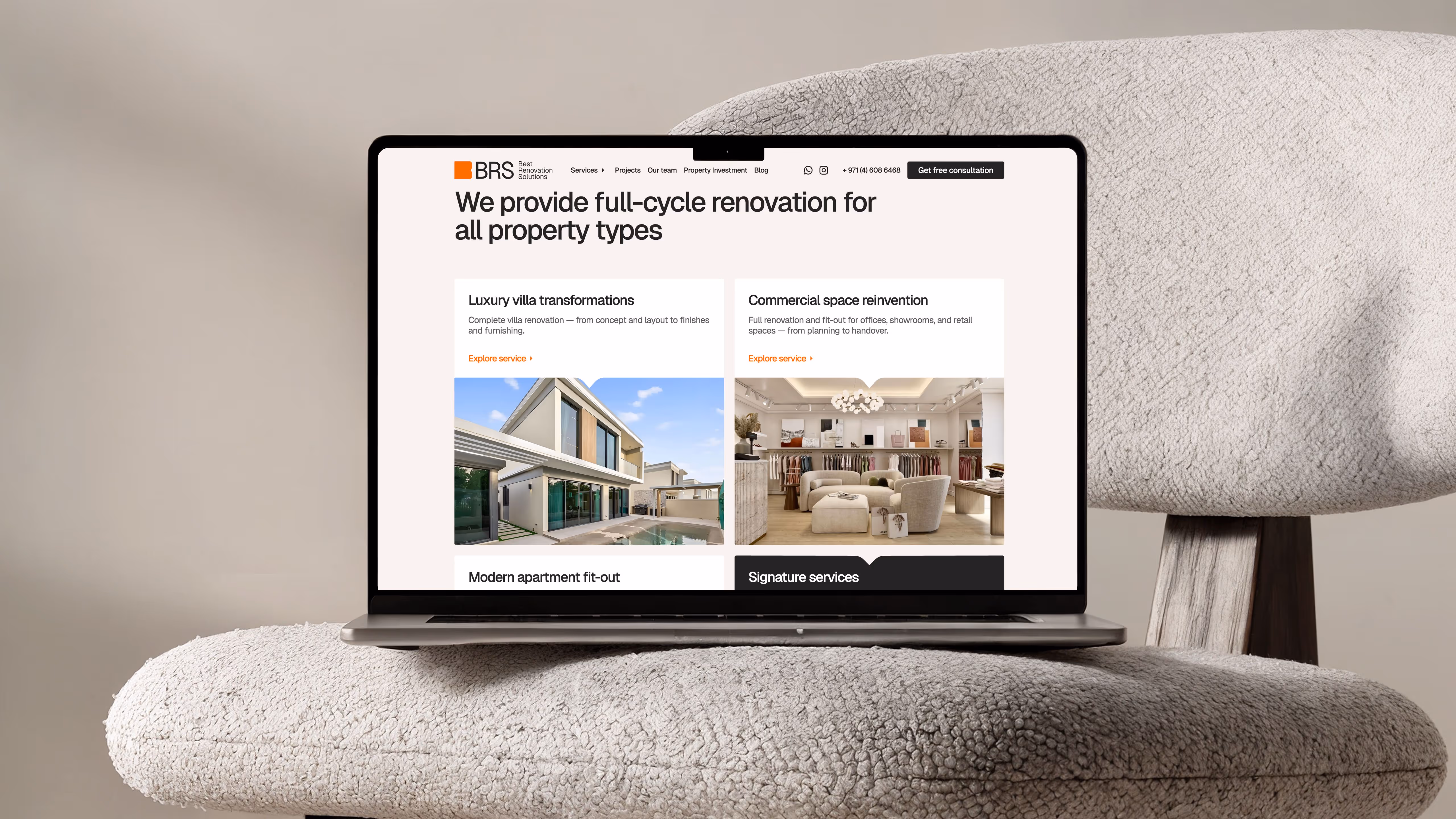 BRS website on a laptop — full-cycle renovation for all property types