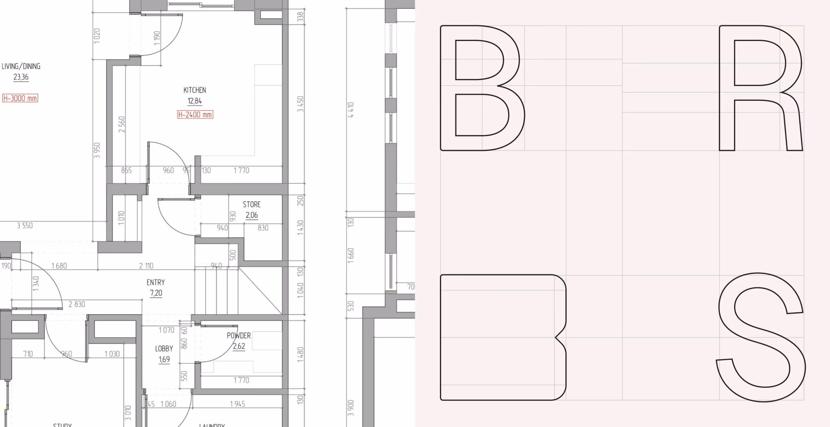 Apartment floor plan next to the BRS logo construction grid