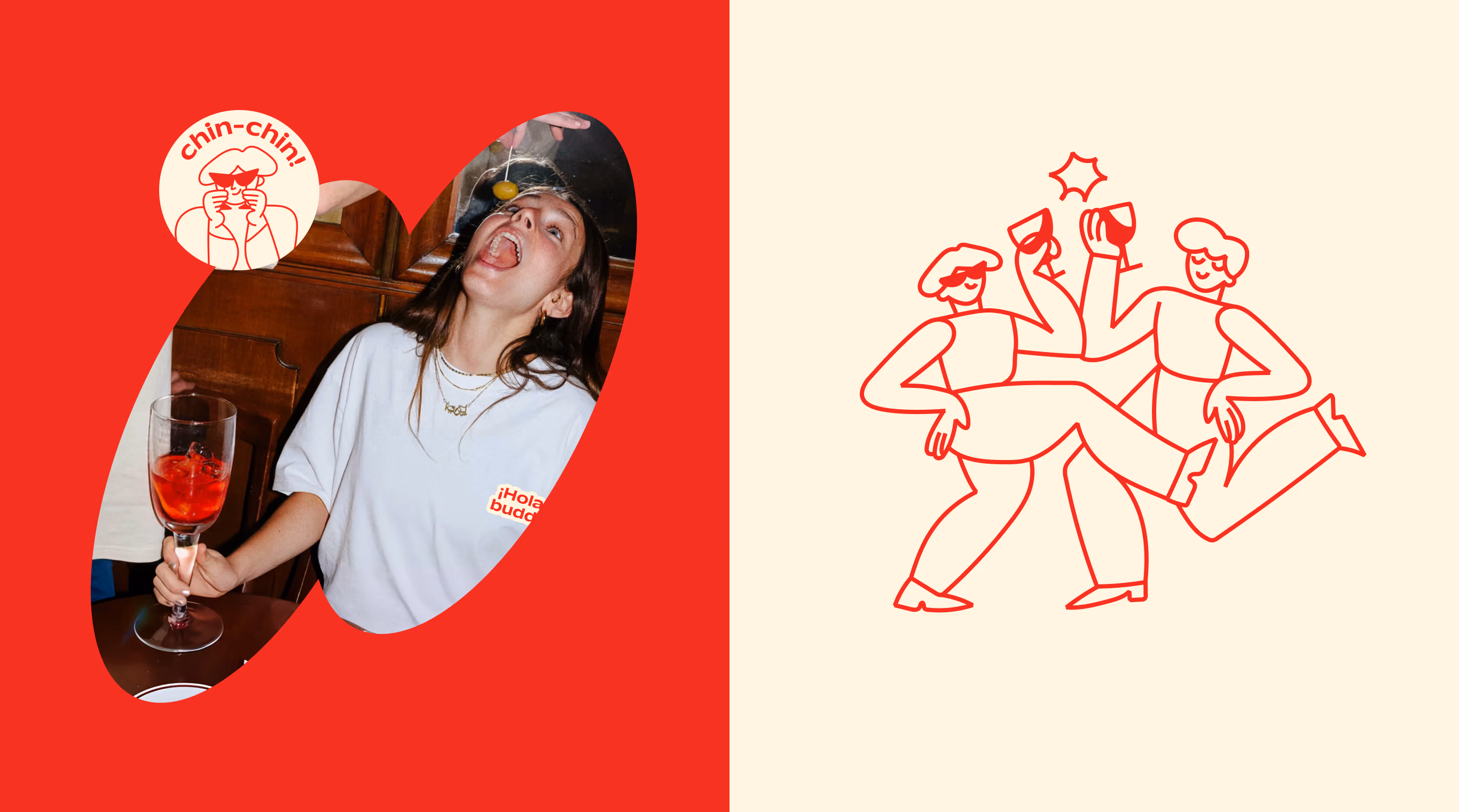 Buddy character illustrations in red and cream
