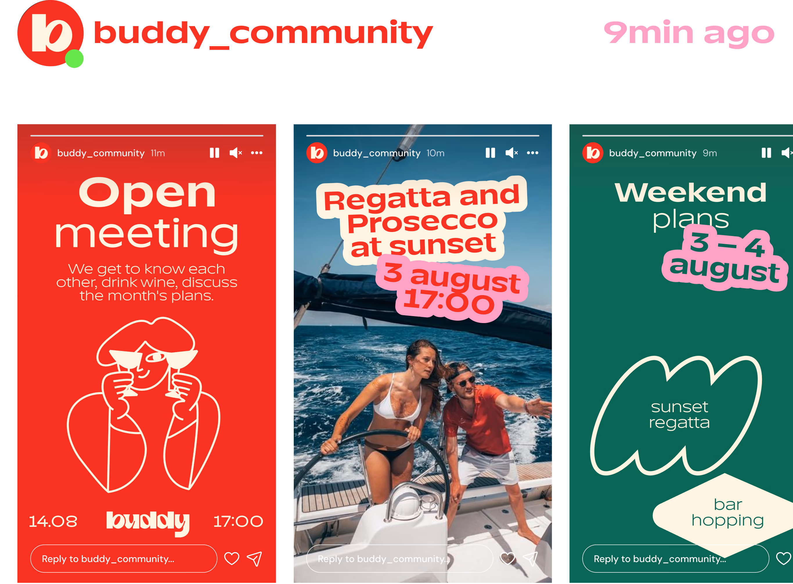 Buddy Instagram stories — open meeting, regatta and weekend plans