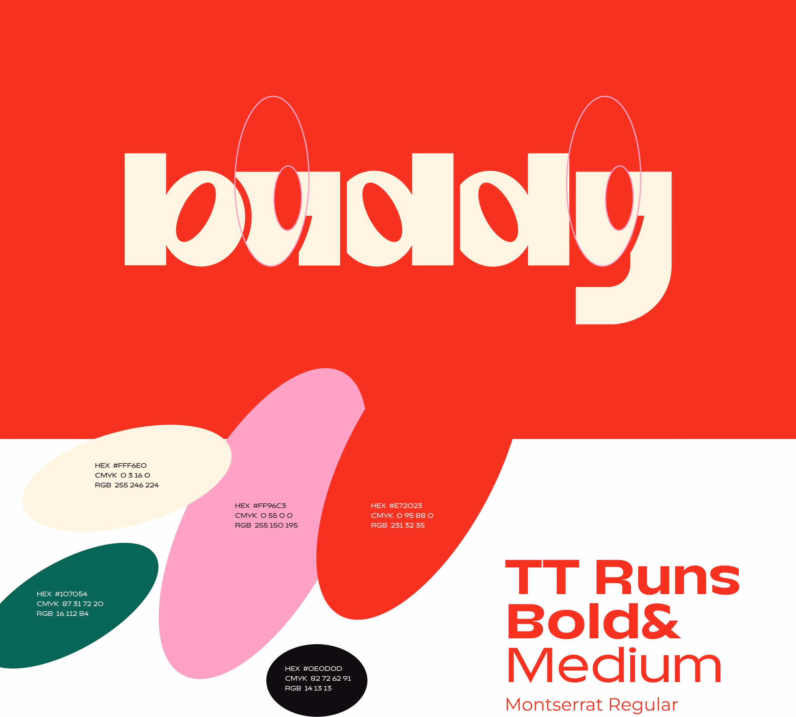 Buddy wordmark with the colour palette and typography