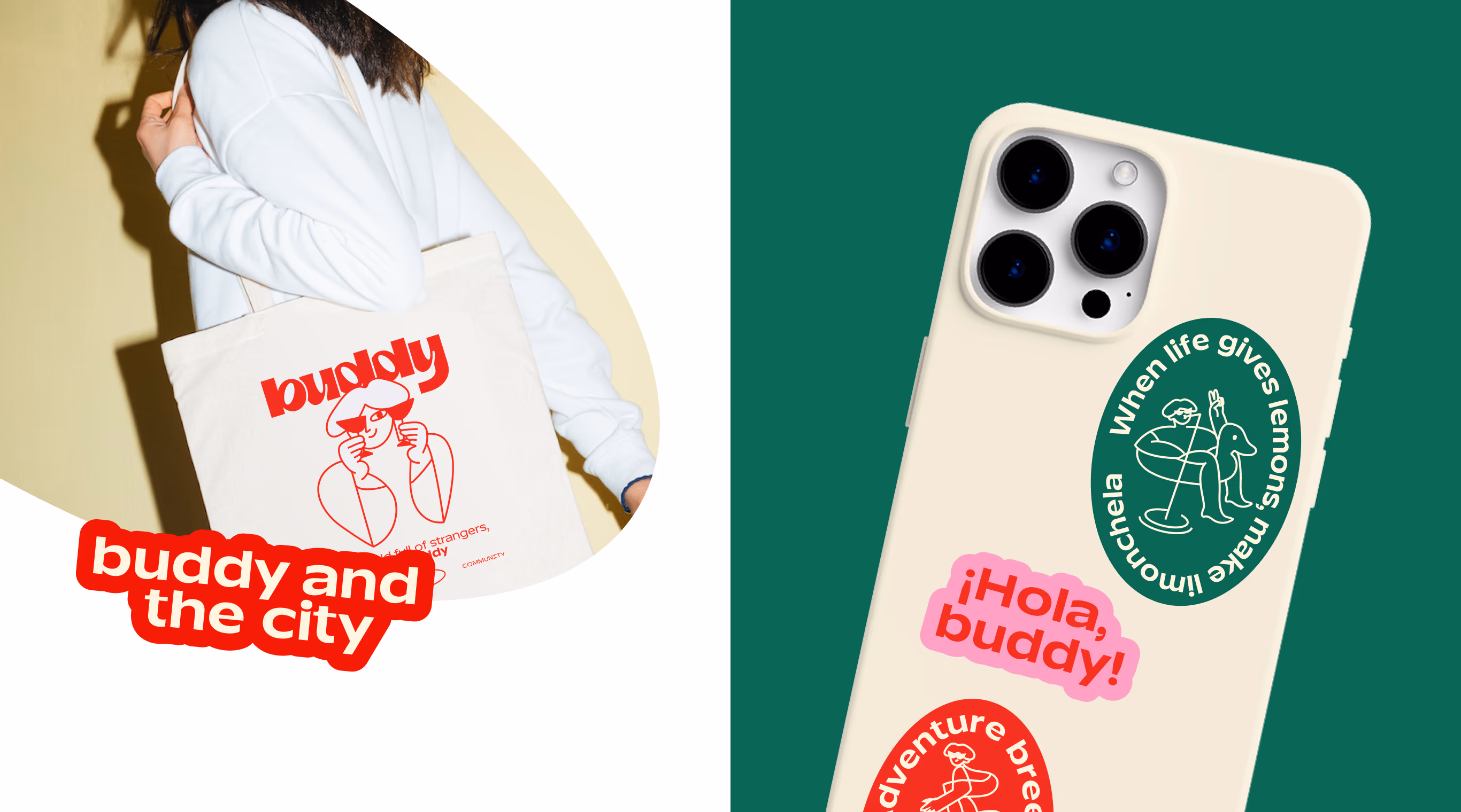 Buddy tote bag and phone case with stickers