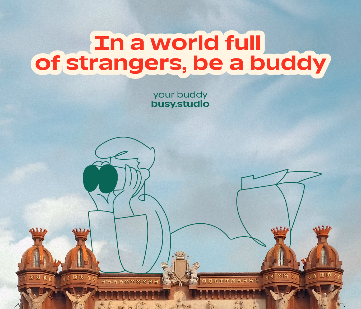 Buddy poster above the rooftops of Barcelona