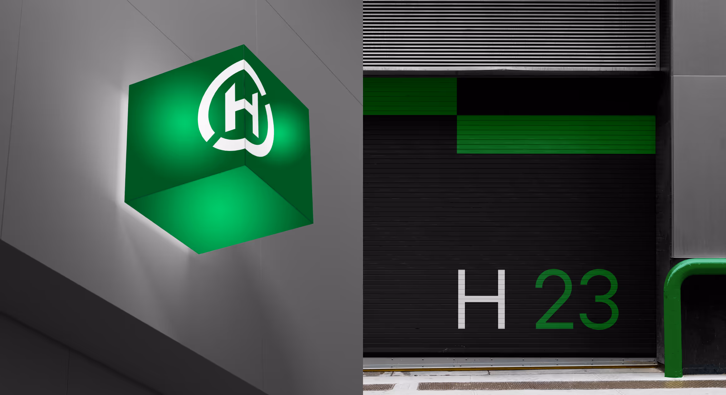 Illuminated Hoobs logo and building signage