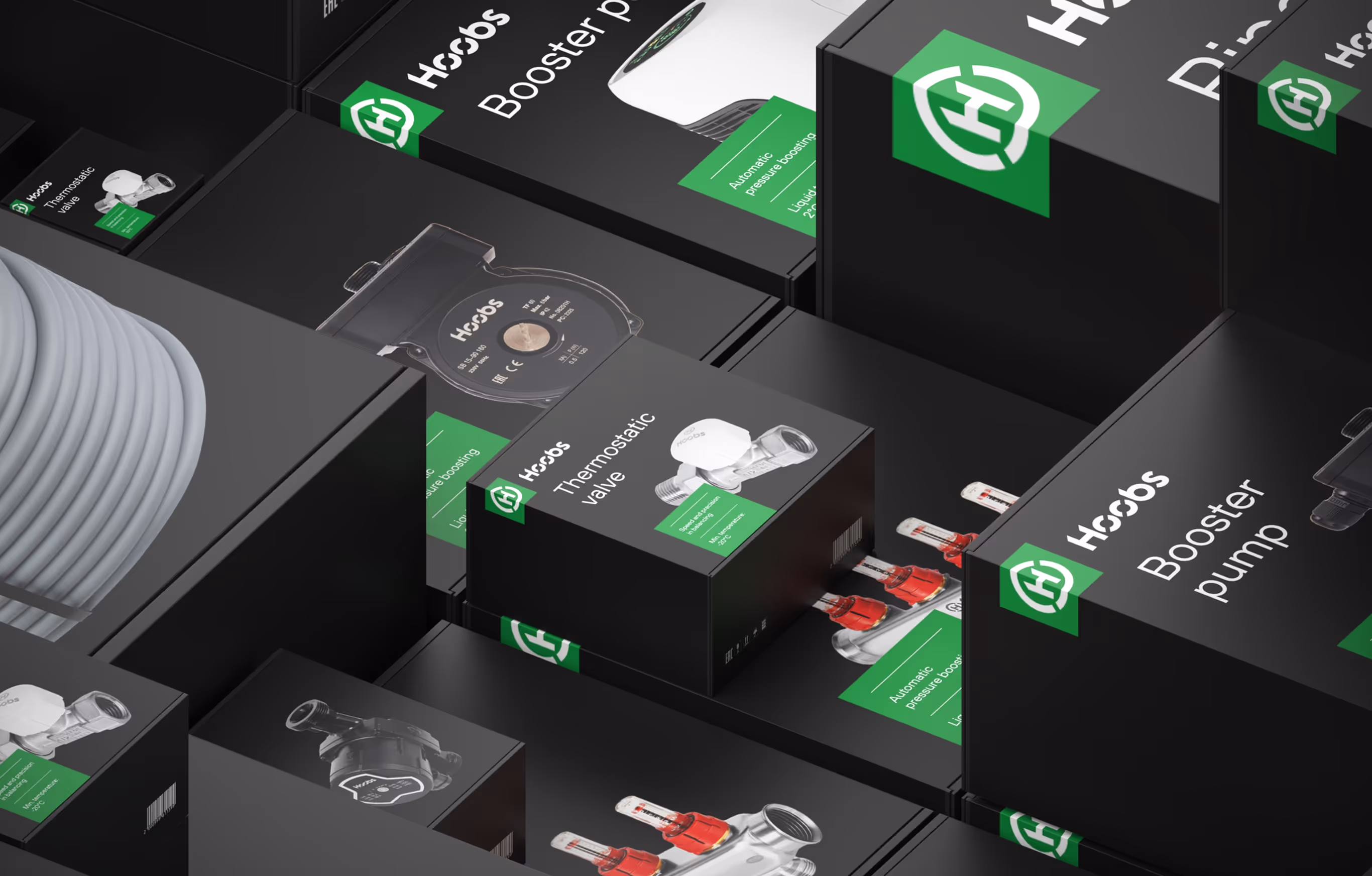 Range of Hoobs product packaging in black and green