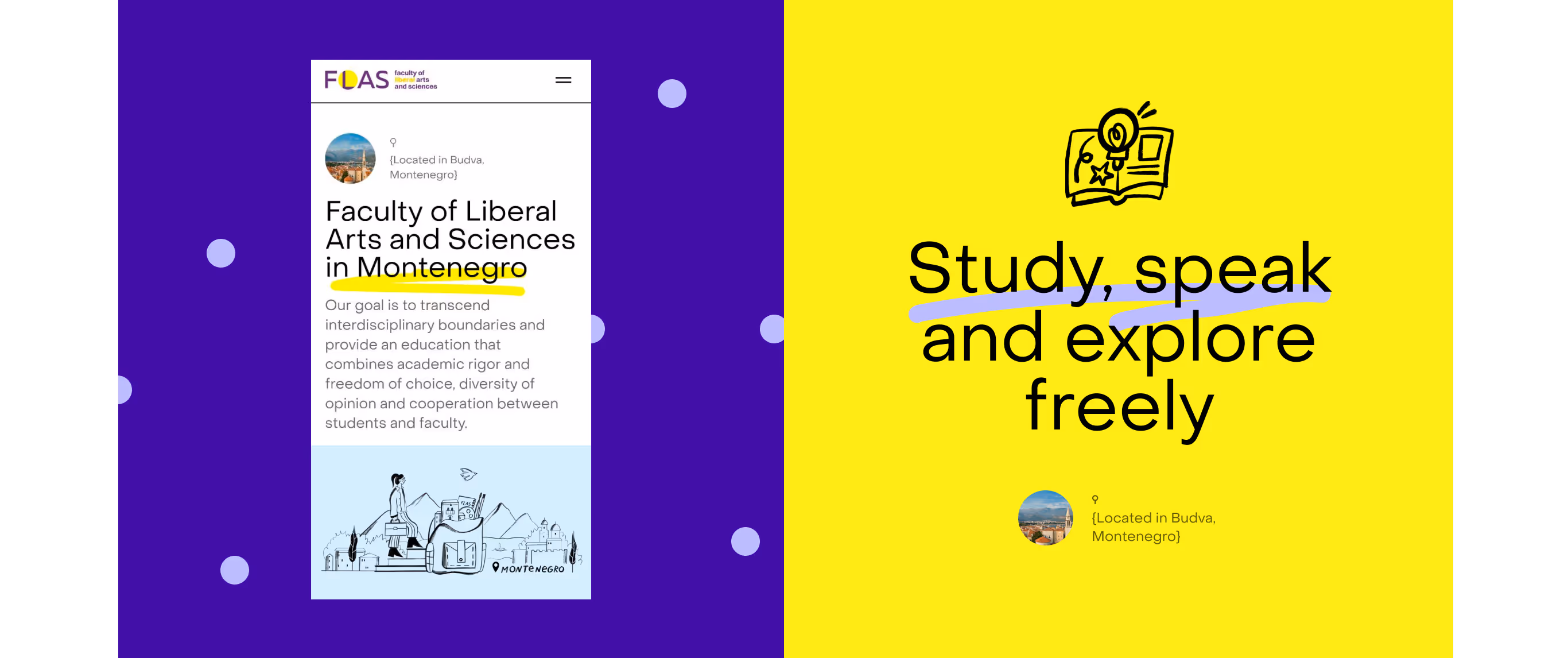 FLAS visual concepts in purple and yellow — 'Study, speak and explore freely'