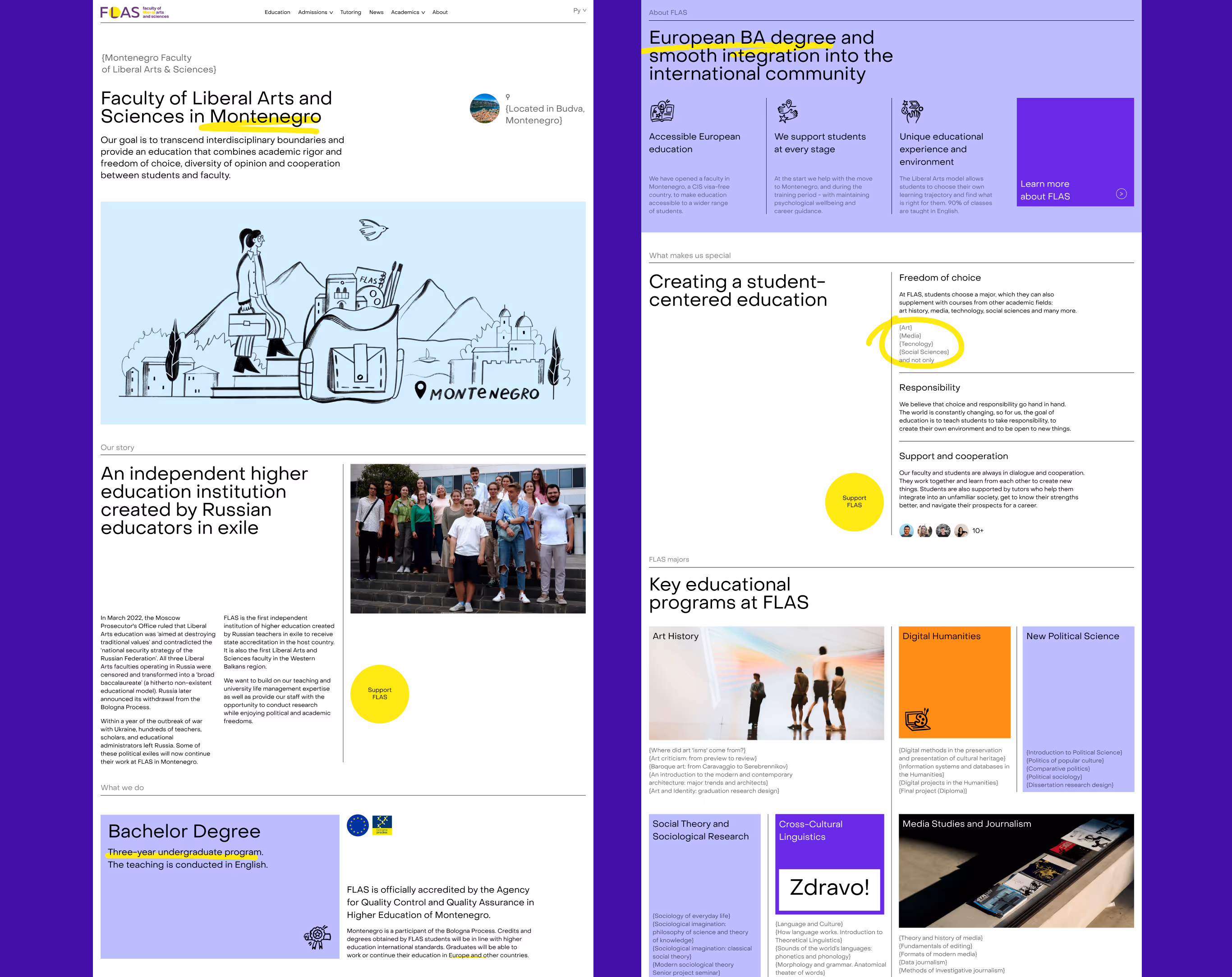 FLAS website pages about the faculty and its programmes
