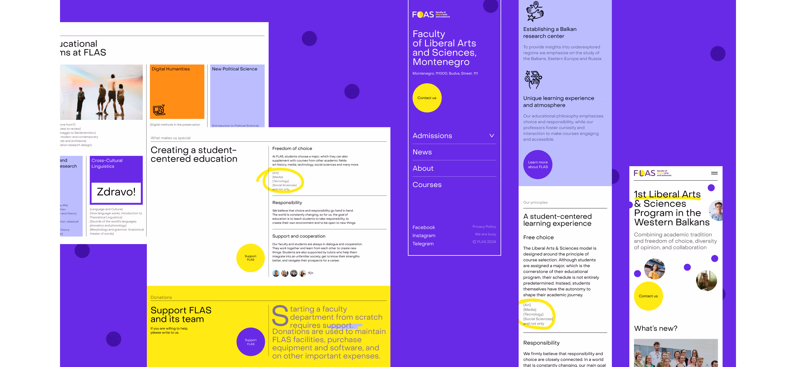 FLAS website pages in the purple and yellow palette