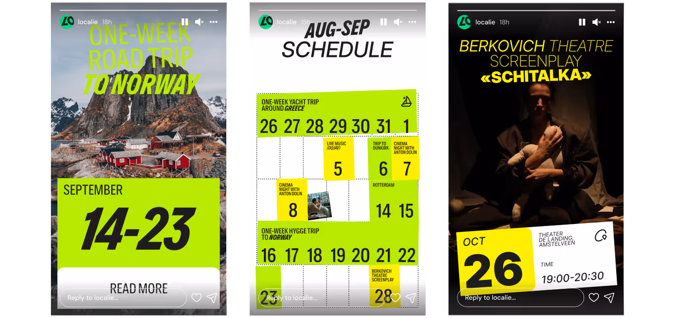 Localie Instagram stories — road trip to Norway, schedule and theatre screening