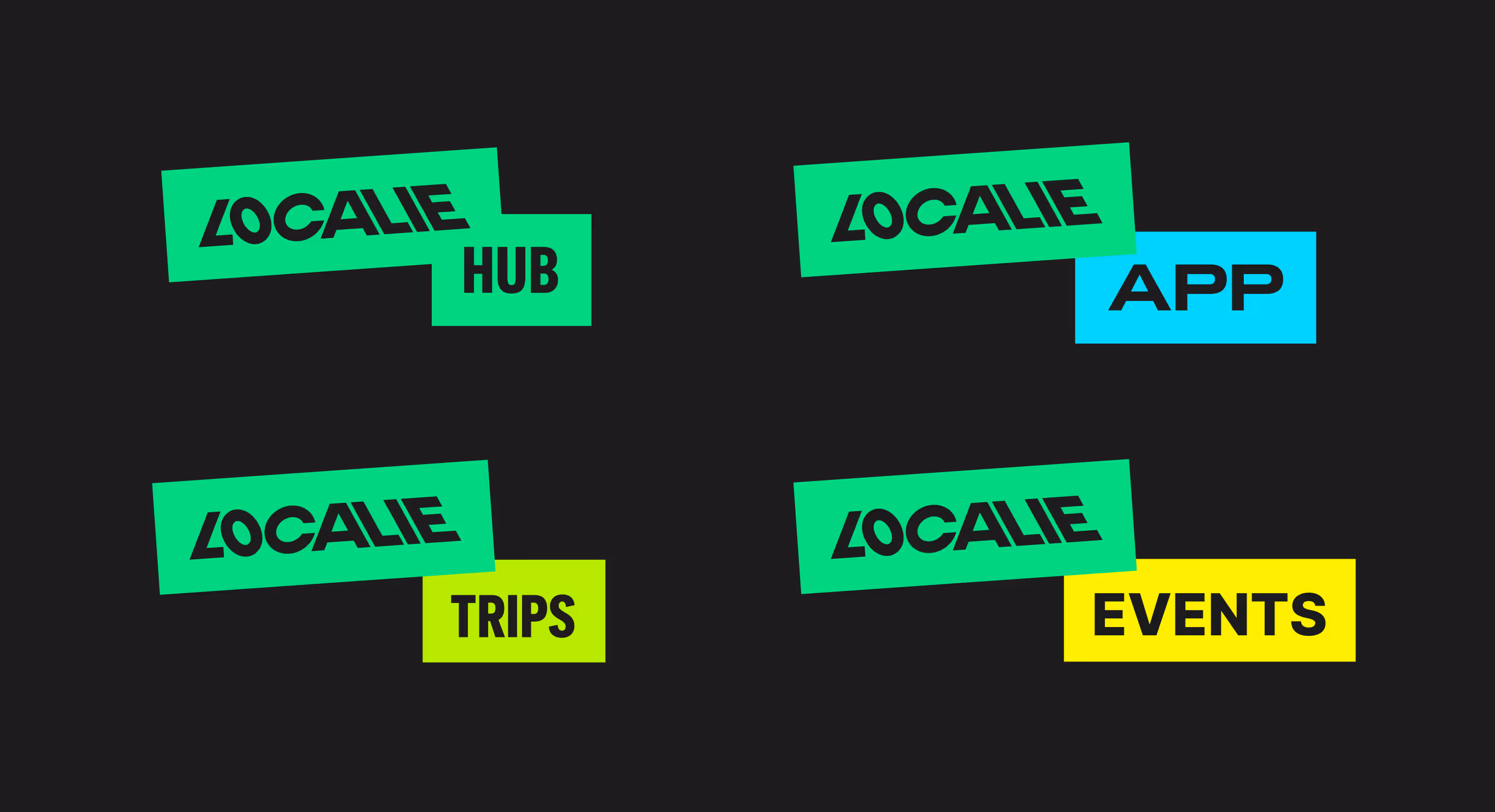 Localie sub-brand lockups: Hub, App, Trips and Events