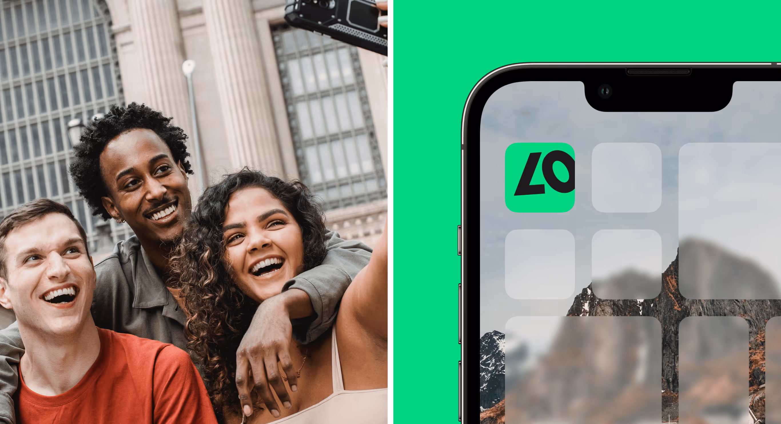 Friends laughing, and the Localie app icon on a phone