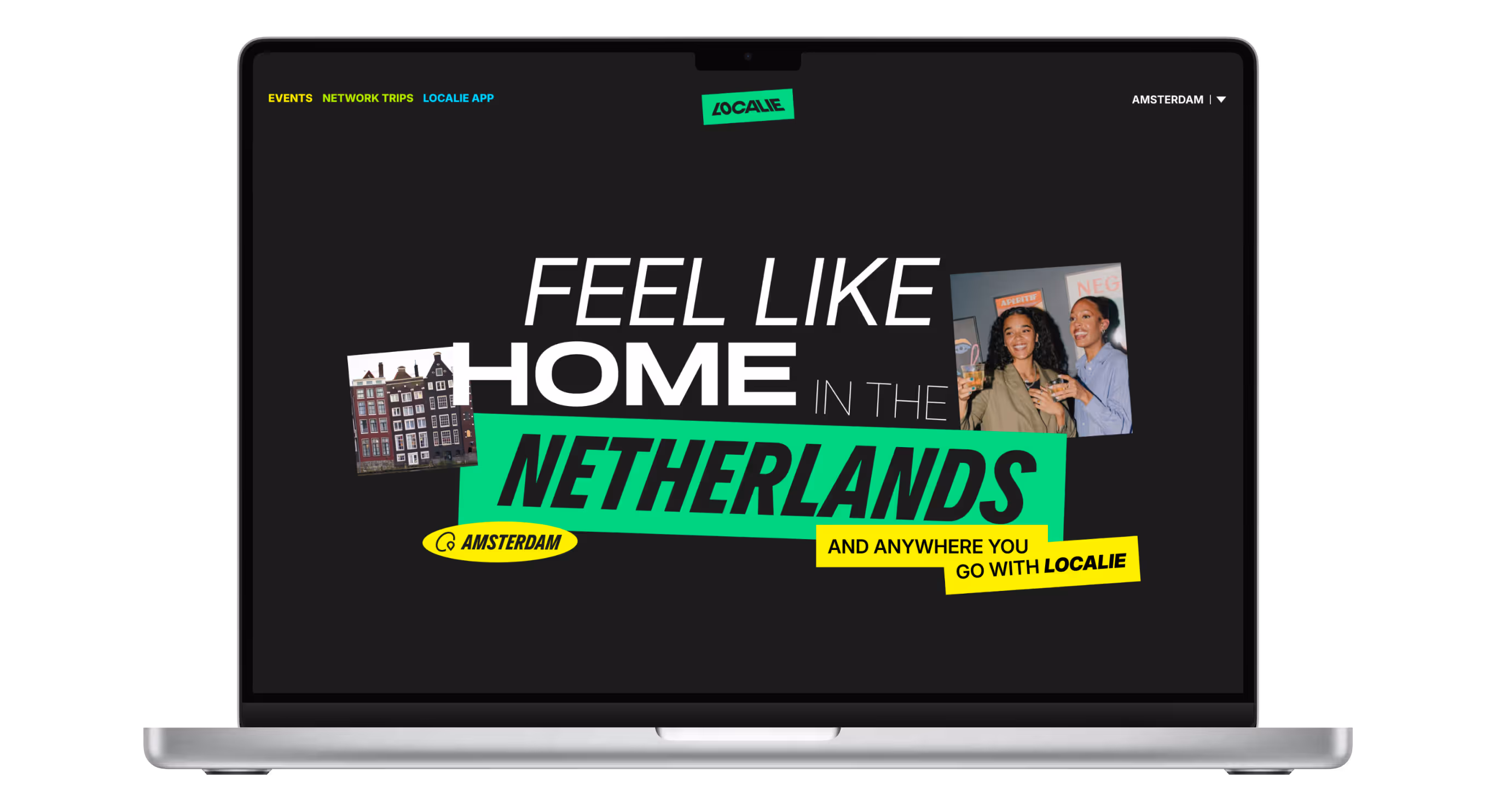 Localie website on a laptop — 'Feel like home in the Netherlands'