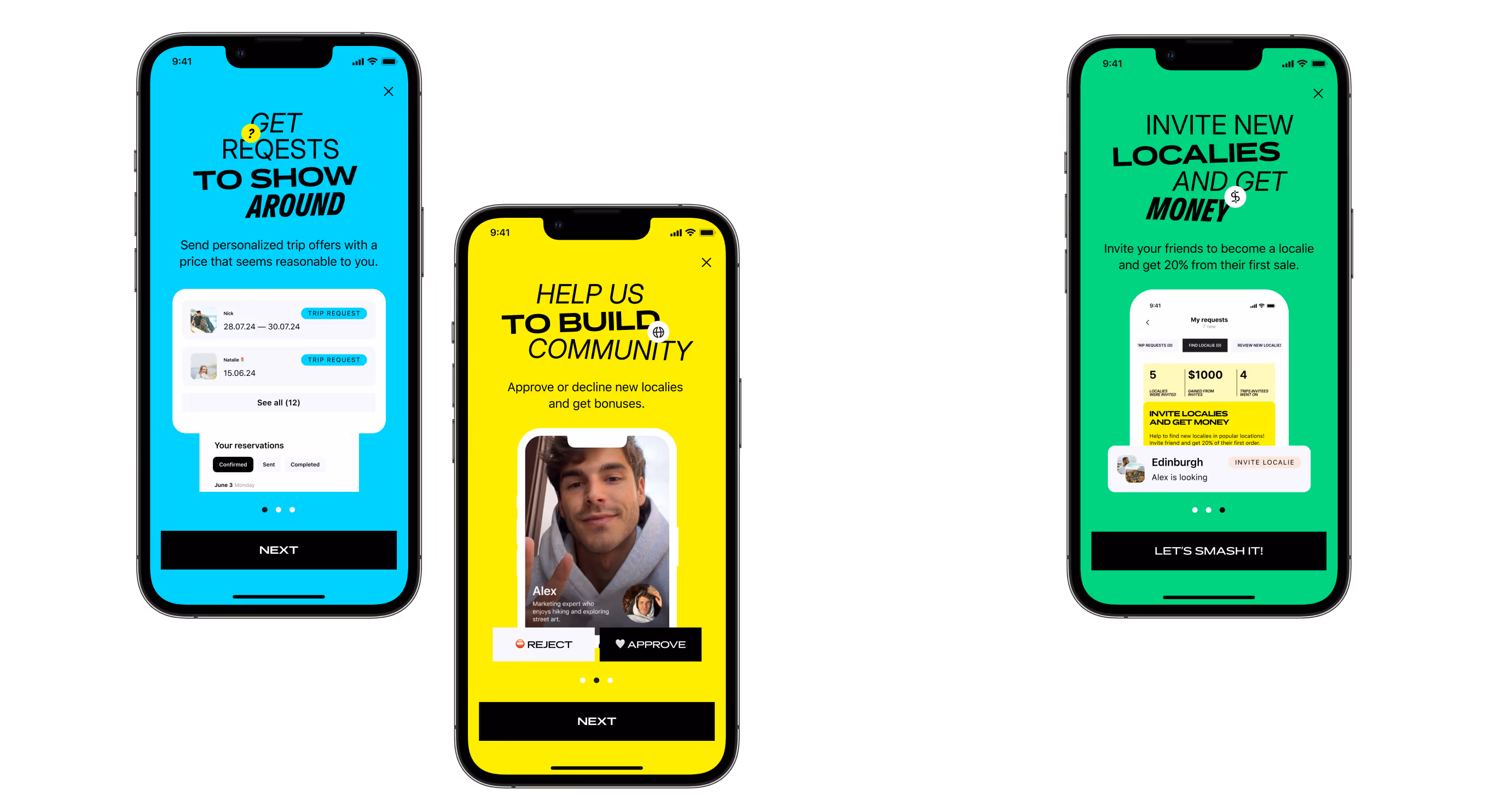 Localie app screens for requests and invitations