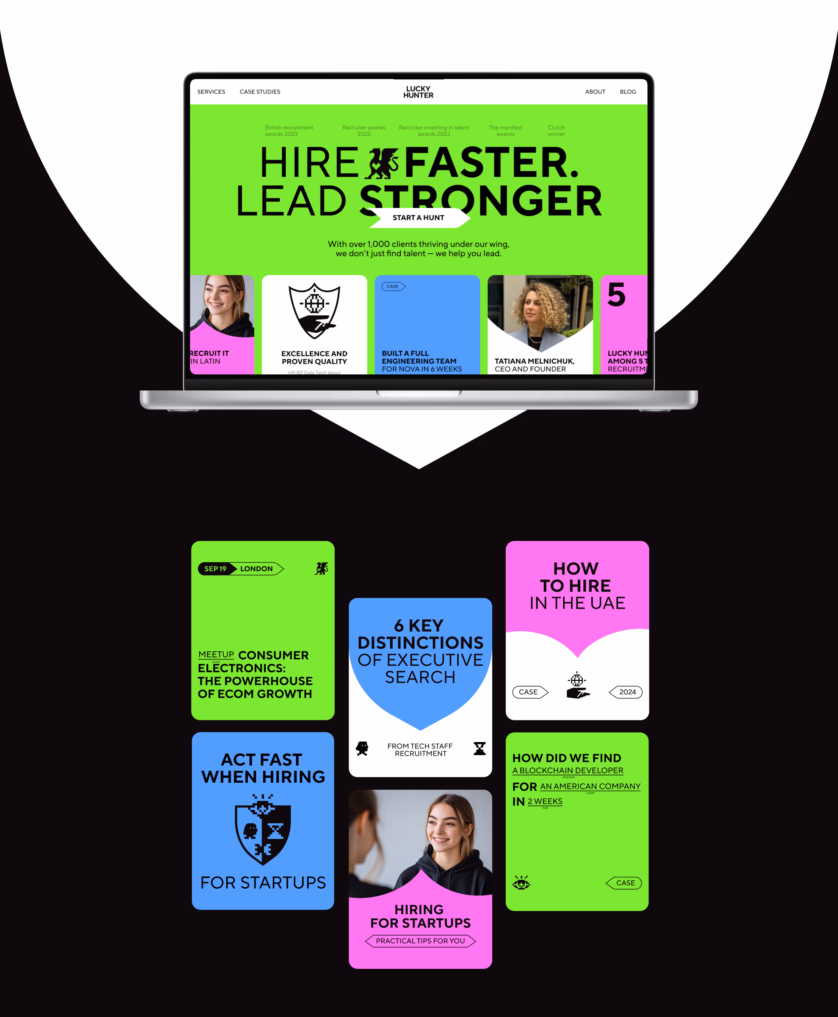 Lucky Hunter website and social posts — 'Hire faster. Lead stronger'