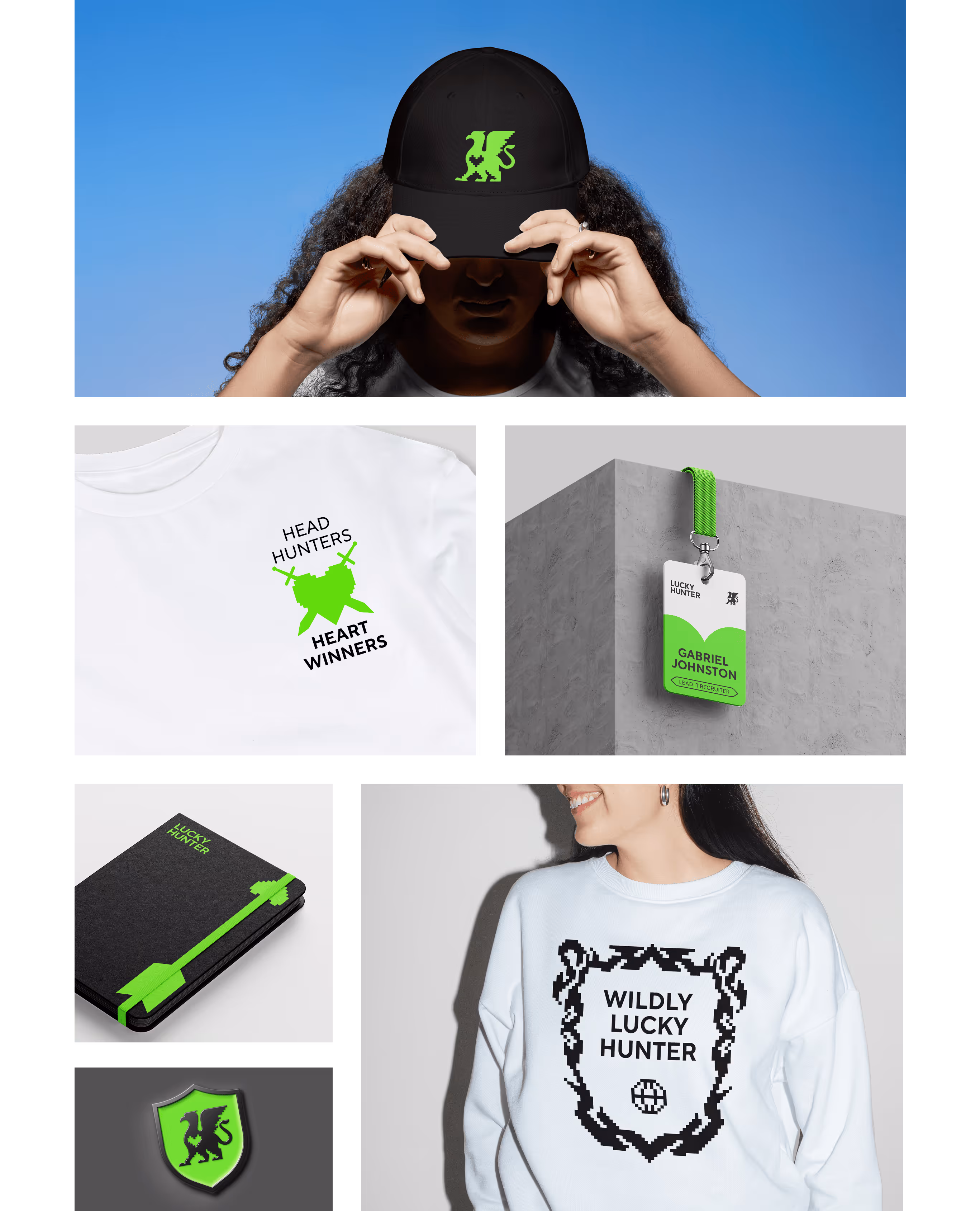 Lucky Hunter merchandise: cap, t-shirt, notebook, badge and sweatshirt