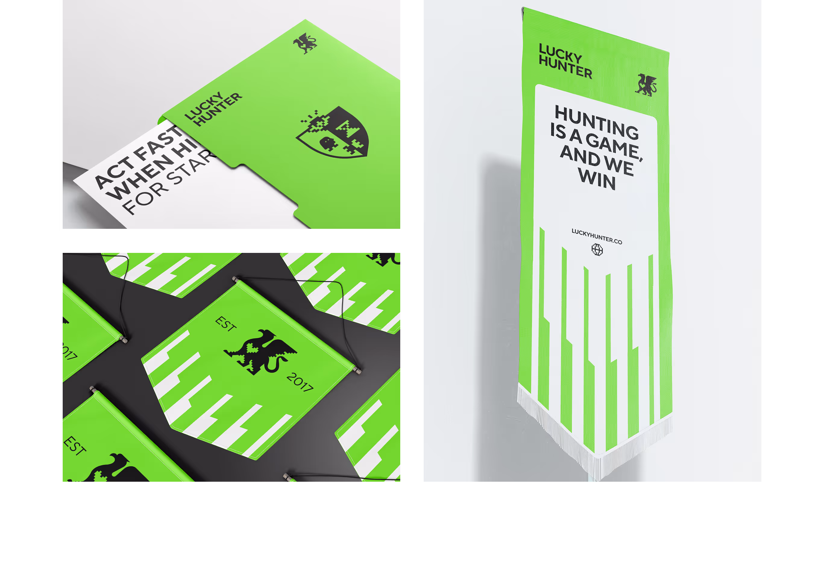 Lucky Hunter business cards and a hanging banner