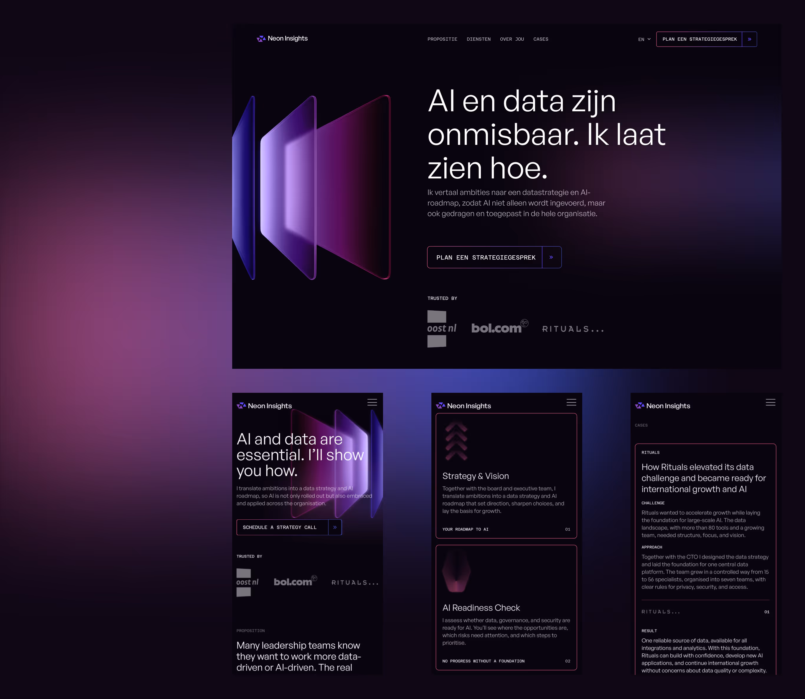 Neon Insights website pages on a dark background