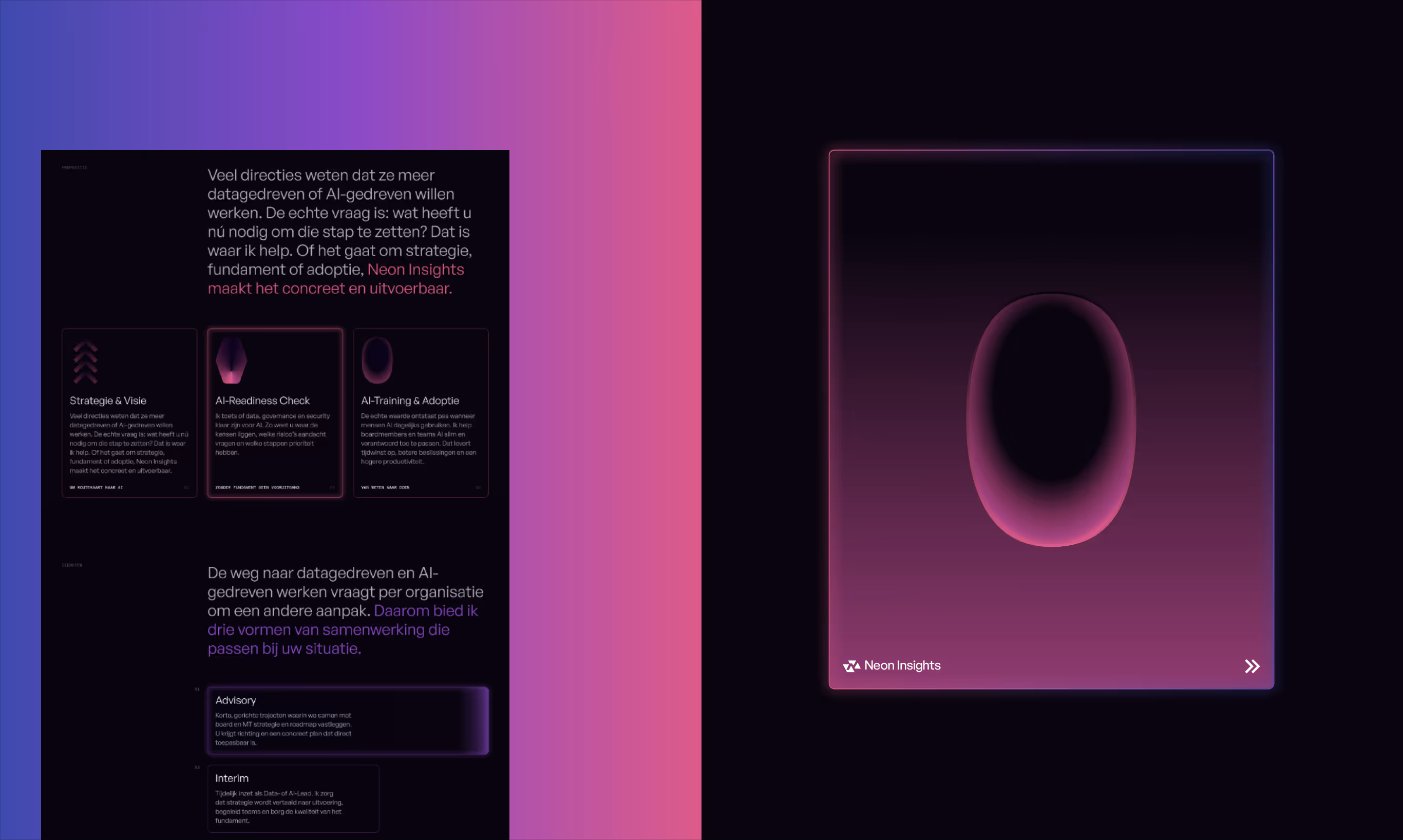 Neon Insights page sections with gradient graphics