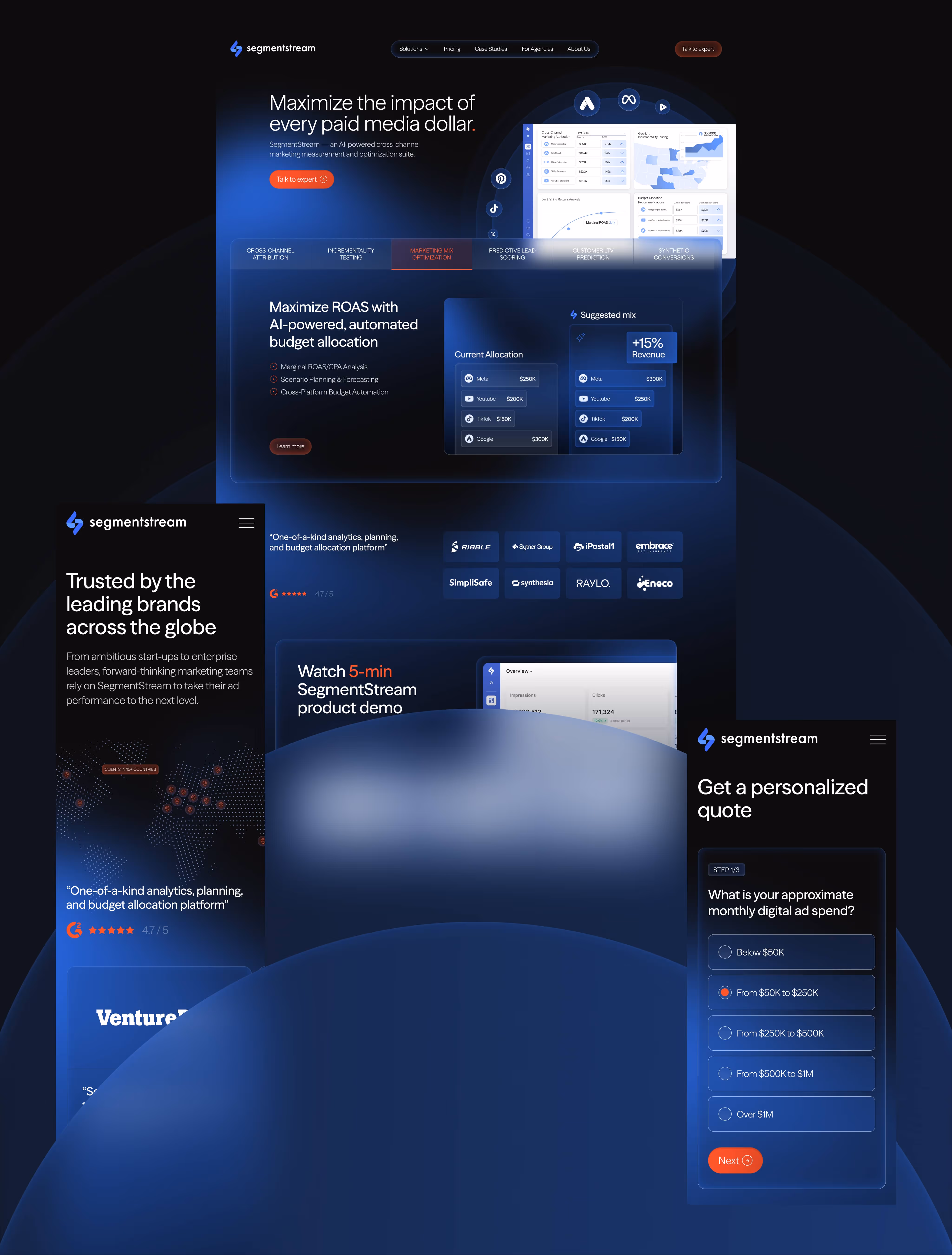 SegmentStream pages — client logos and a personalised quote form