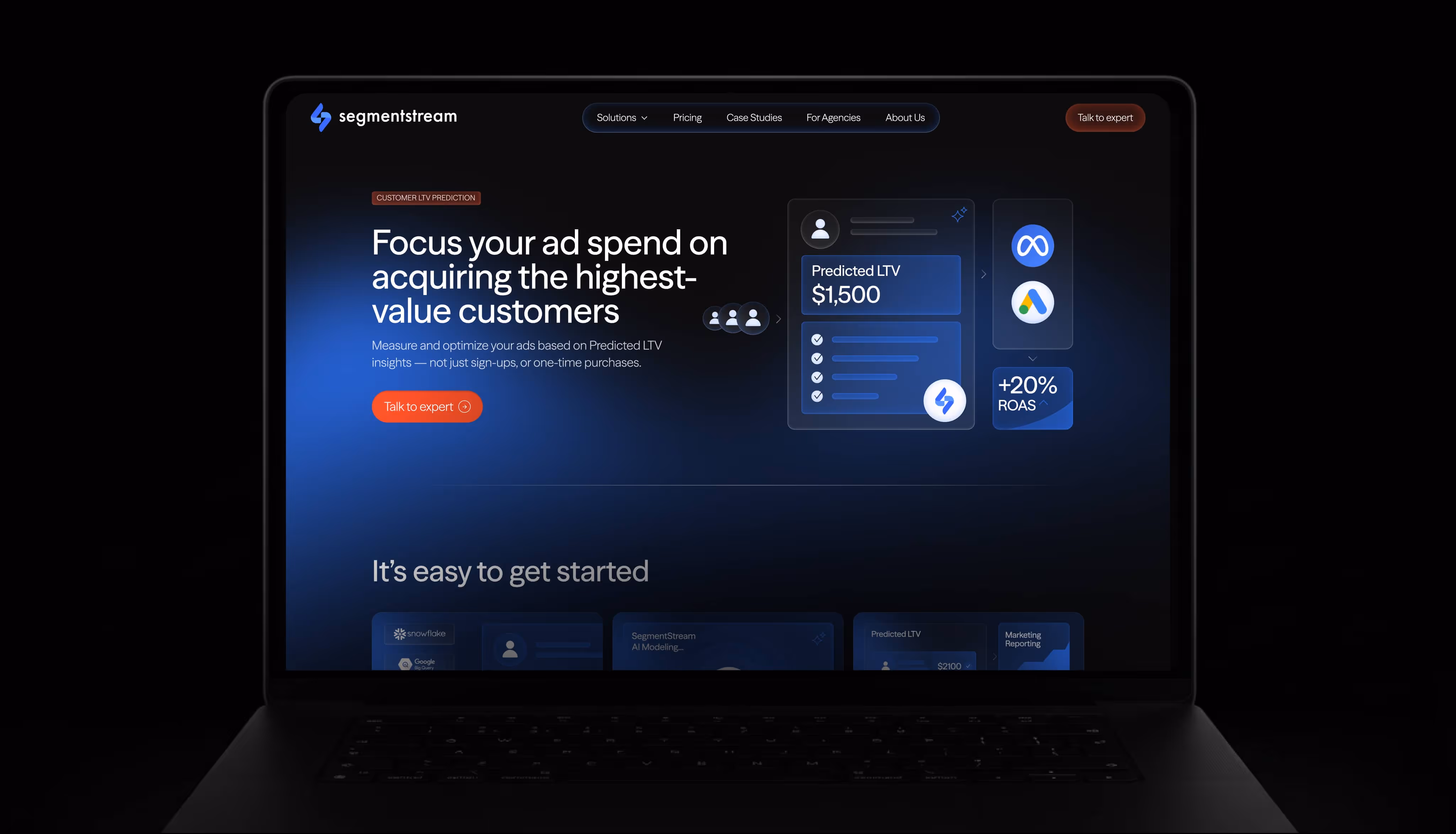 SegmentStream website on a laptop — 'Focus your ad spend on acquiring the highest-value customers'