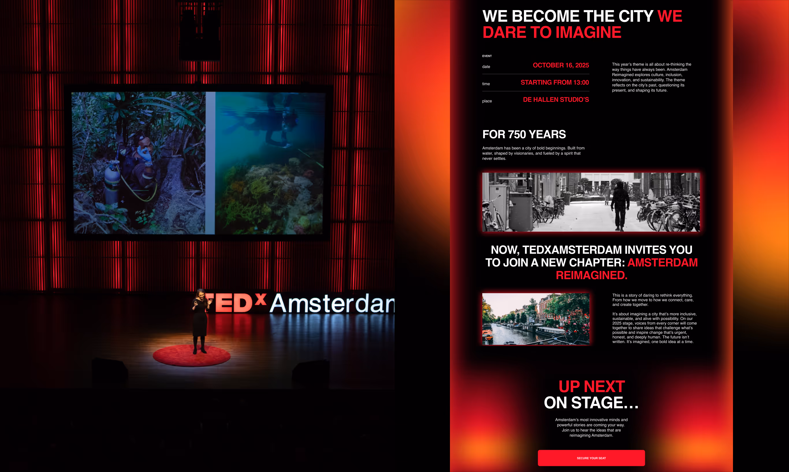 TEDxAmsterdam stage and a page of the website