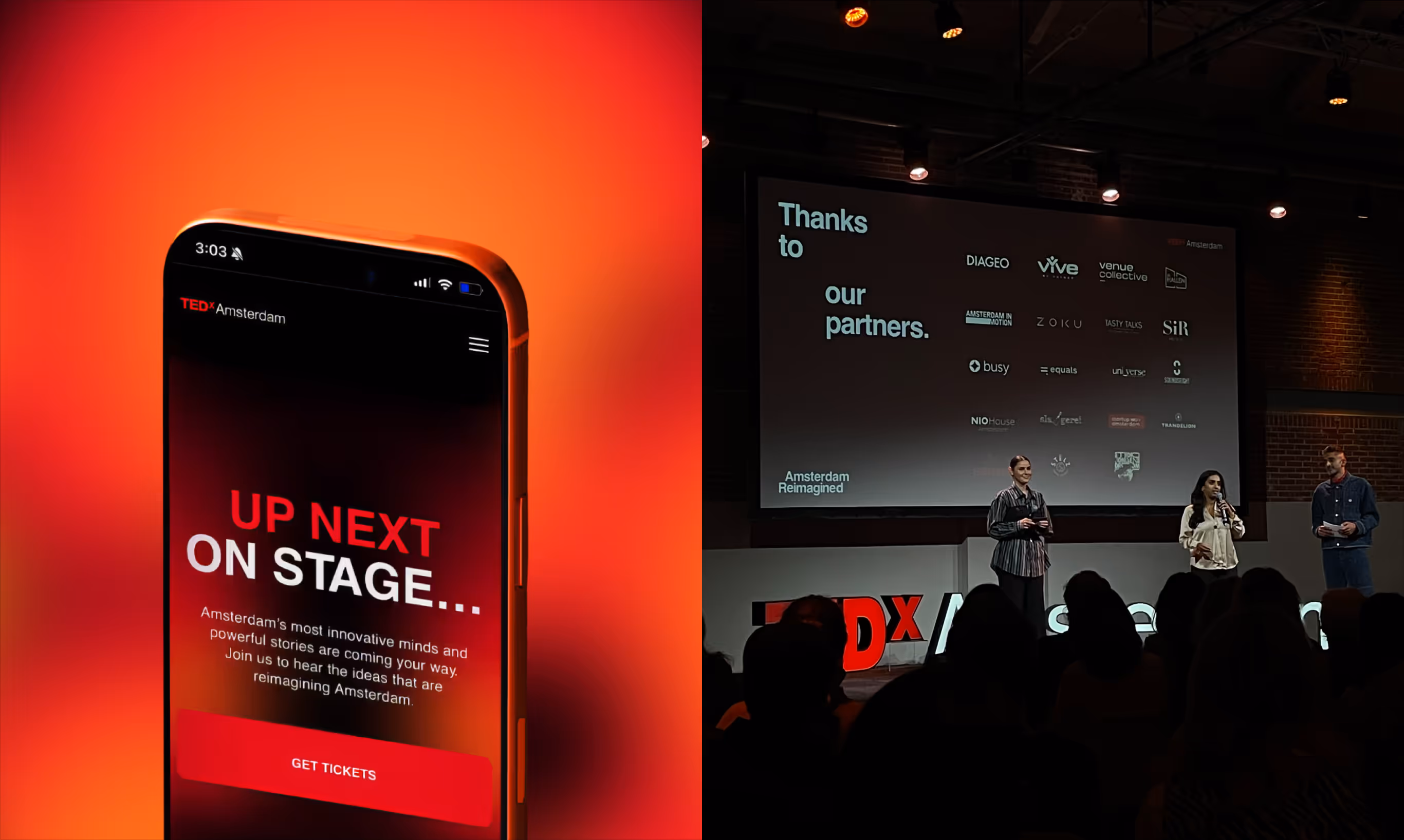 TEDxAmsterdam website on a phone, and the stage with partner logos