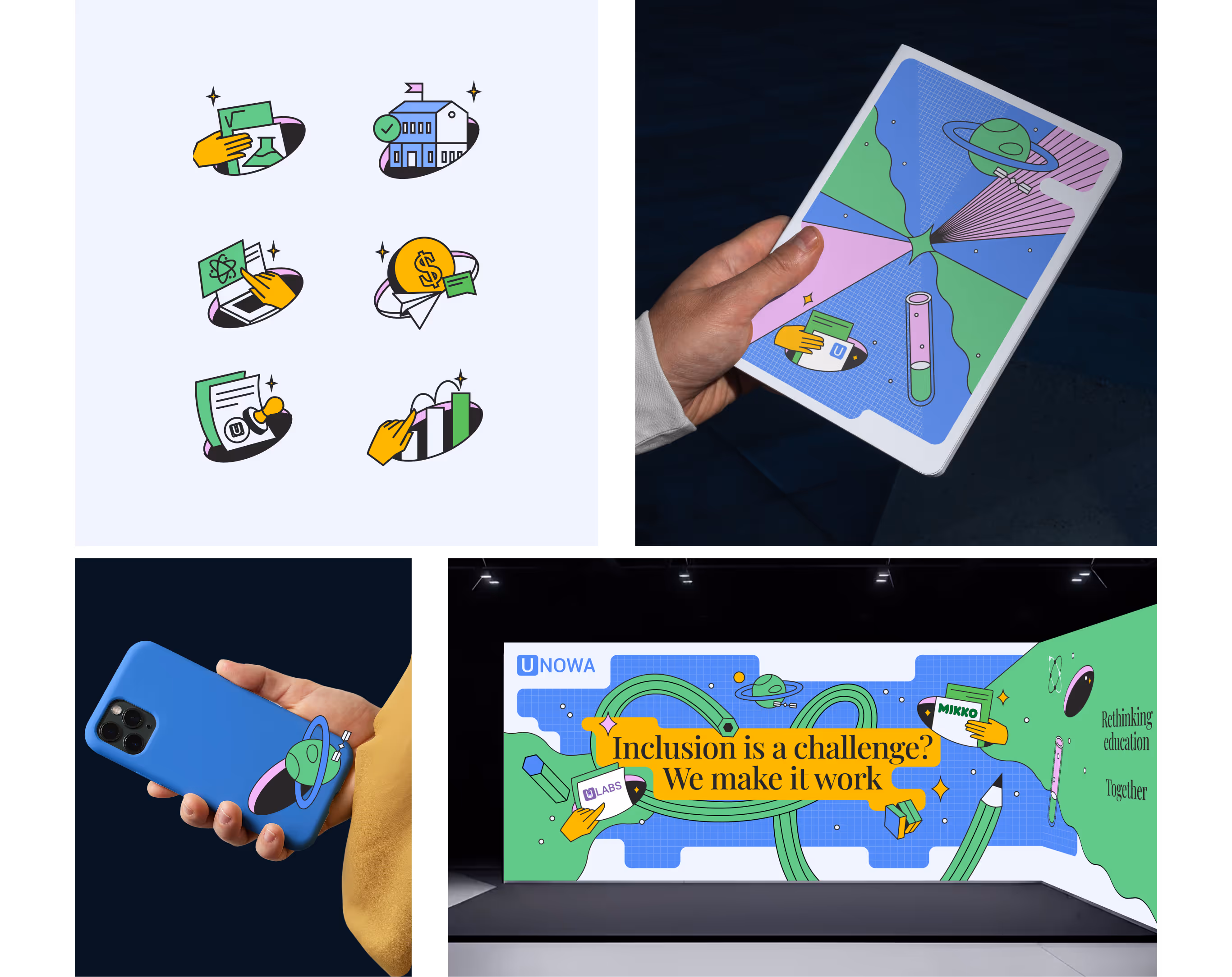 UNOWA icon set, phone case, tablet and presentation screen