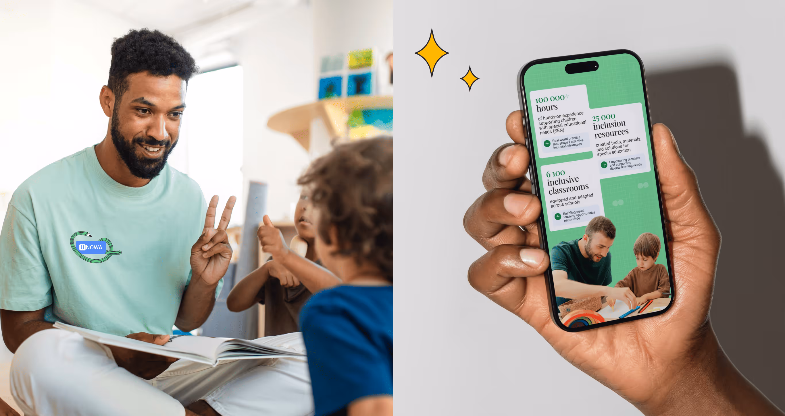 Teacher working with a child, and the UNOWA site on a phone