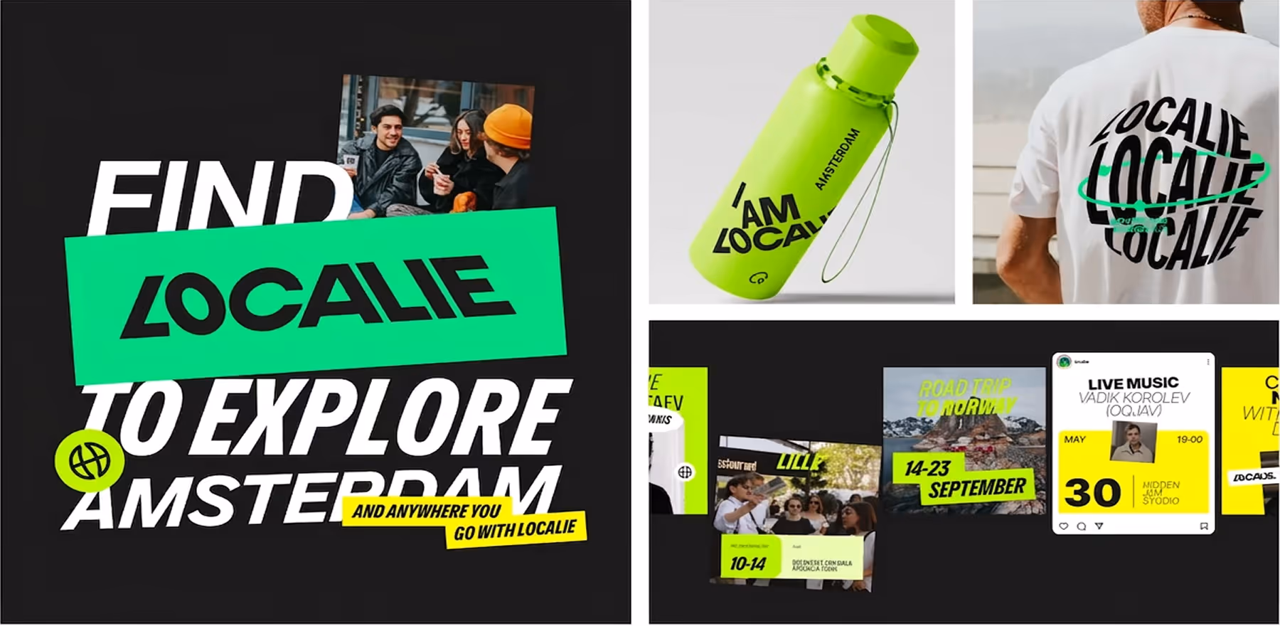 Localie identity on posters, a water bottle and a t-shirt