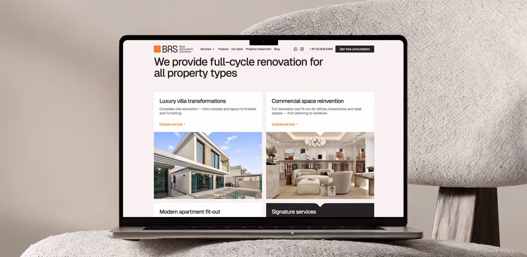 BRS website on a laptop showing full-cycle renovation services