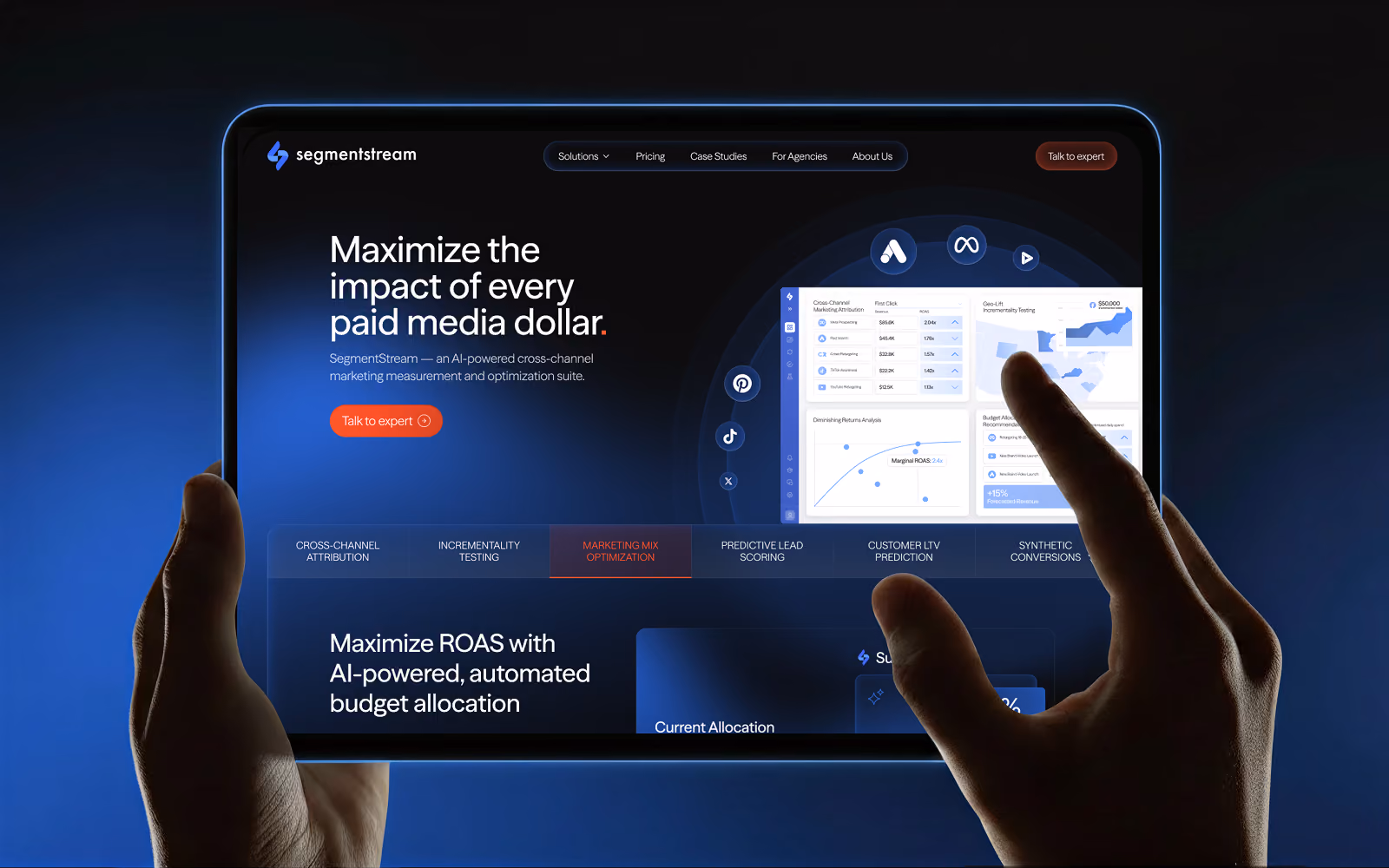 SegmentStream website on a tablet — 'Maximize the impact of every paid media dollar'