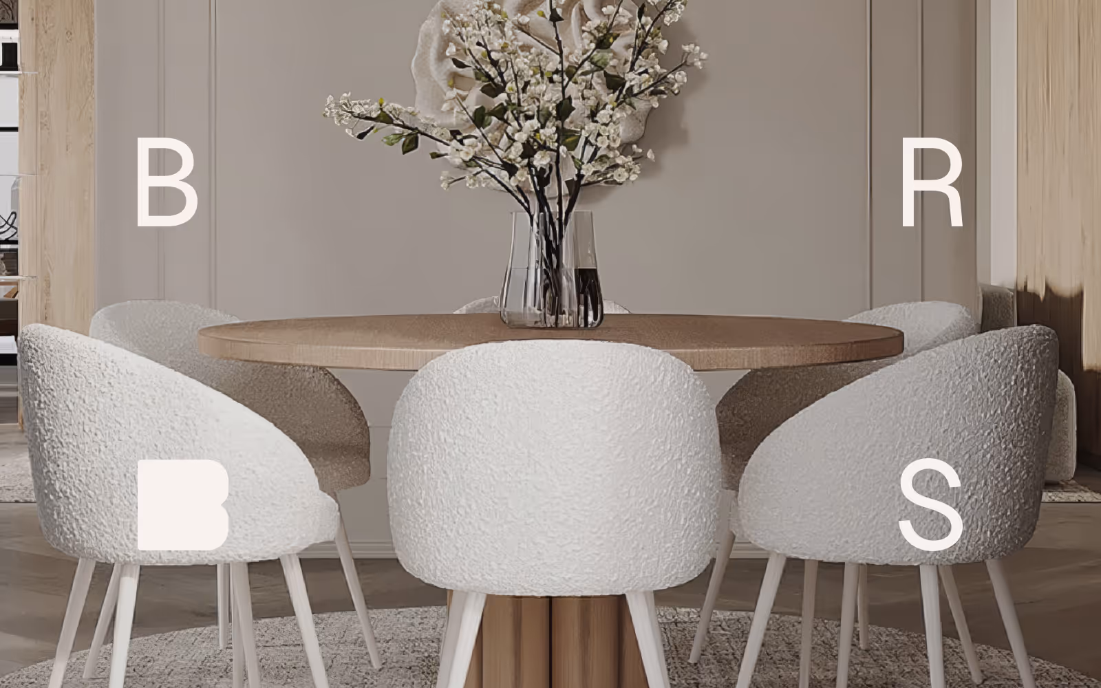 BRS branding in a styled interior with letters B, R and S